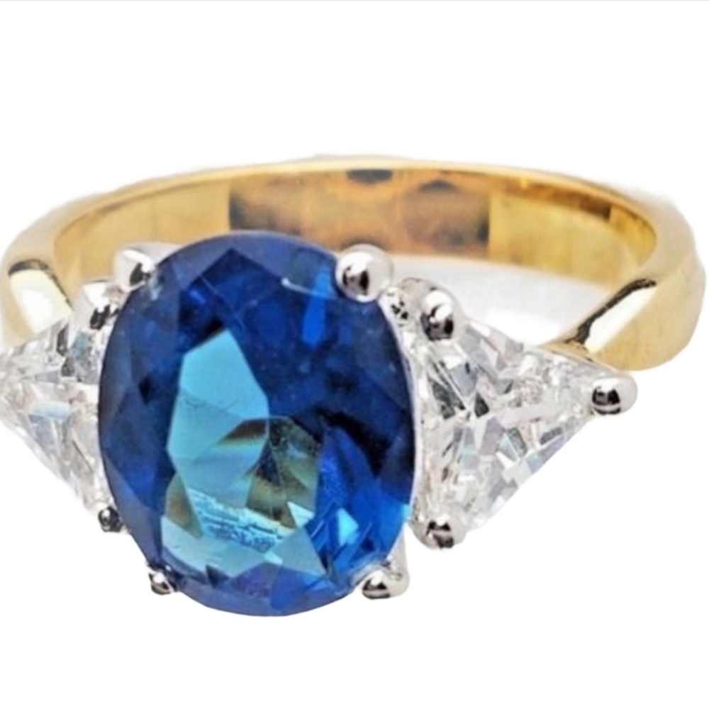 Gold Plated Cocktail Ring Blue Cubic Zirconia  Size 11 Sapphire *
